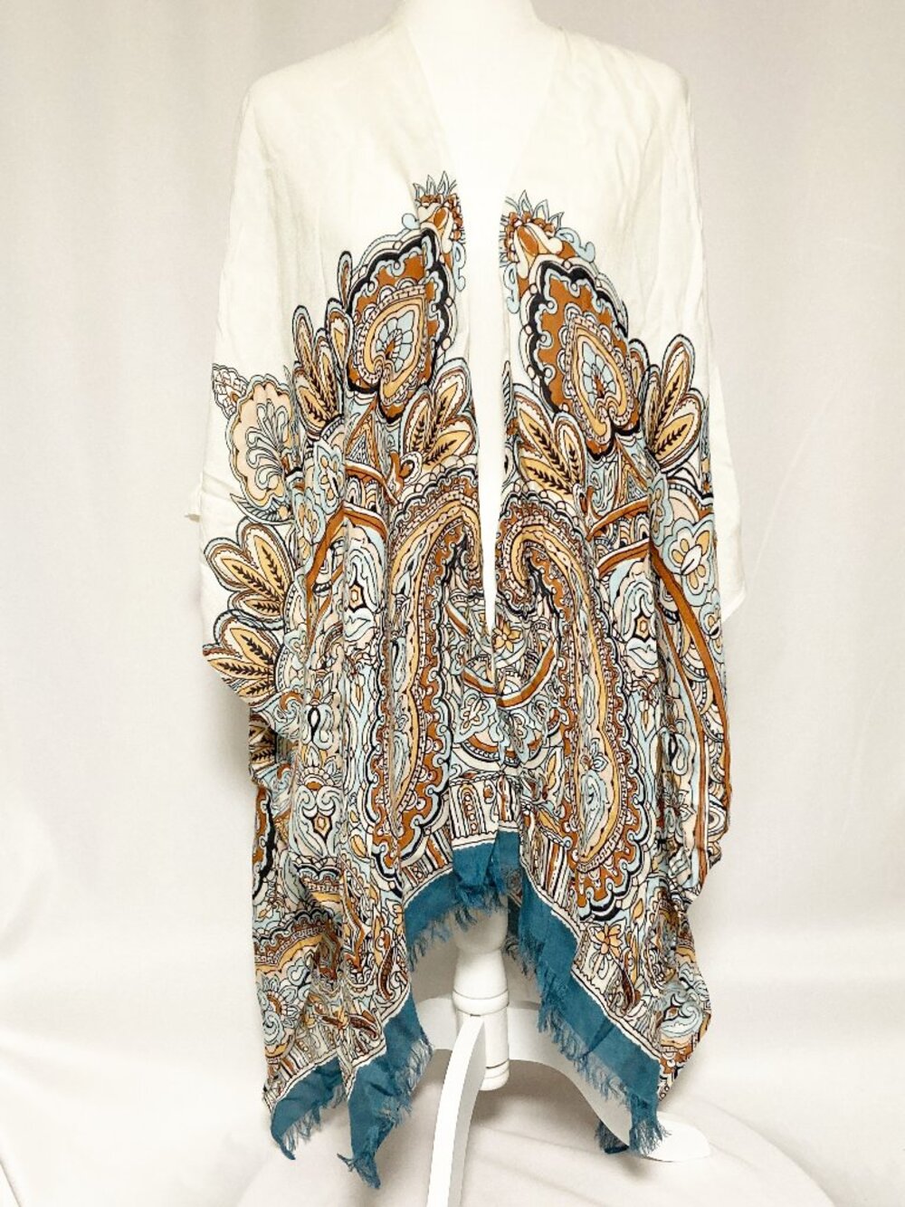 J Jill Open-Sided Kimono Wrap Paisley with Turquoise Fringe One Size Fits Most